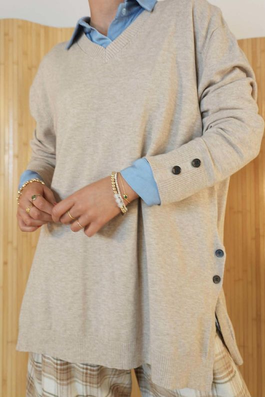 Elodie V Neck Button Knit Oatmeal Marl